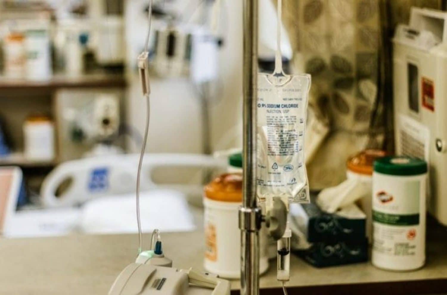 IV bag attached to an intravenous pole